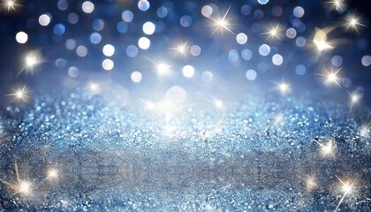Poster - sparkling blue glitter background with bokeh lights and stars for festive design, holiday card, or elegant decoration