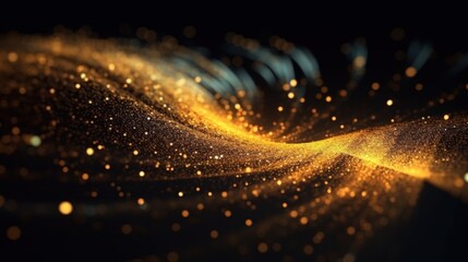 Poster - a mesmerizing wave of golden particles glows against a dark backdrop, creating an ethereal and dynam