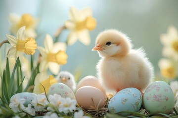 Wall Mural - Cute baby chick posing with easter eggs and narcissus flowers