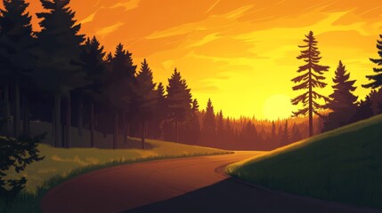 Wall Mural - Serene sunset over winding road surrounded by tall trees and lush greenery in a tranquil landscape