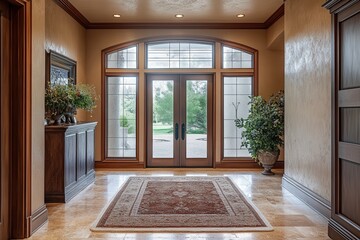 Poster - hallway with a newly installed frosted glass door, diffusing light beautifully across the room in ultra-high detail