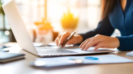 Aufkleber - Professional woman working on a laptop at a bright office desk with documents and plants in background