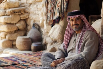 Emirati bedouin man relaxing in traditional house