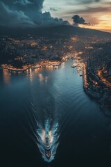 Poster - coastal metropolis, where city lights meet the dark expanse of the ocean, with boats creating gentle ripples in the harbor