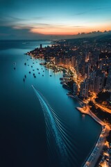 Poster - coastal metropolis, where city lights meet the dark expanse of the ocean, with boats creating gentle ripples in the harbor