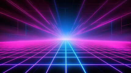 Poster - a vibrant, neon landscape featuring a grid with radiant pink and blue light beams converging at a ce