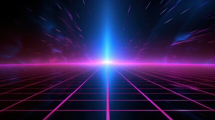 Poster - A vibrant, futuristic scene showcasing a central light source with glowing lines, evoking a retro digital landscape.