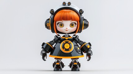 A charming robot witch toy in a black and orange dress, with short red hair,  against a light  in sleek, modern motion design,