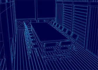 Poster - A blue drawing of a dining room with a long table and chairs. The chairs are arranged in rows and the table is surrounded by chairs. Scene is calm and inviting