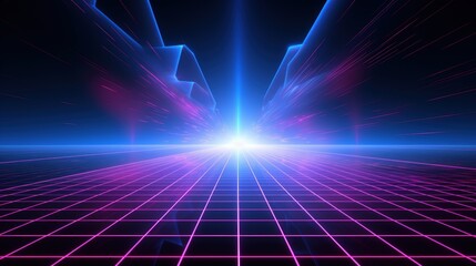 Poster - a vibrant, futuristic landscape featuring a glowing horizon with neon grids and beams of light, embo