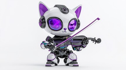 Poster - A futuristic amethyst robot cat toy with a violin,  on a light  in a sleek, minimal modern motion design, designed for high-quality video creation.