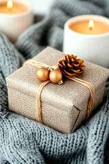 Wall Mural - box with a pine cone on top of it is sitting on a blanket. the pine cone is surrounded by two golden