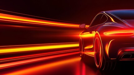 Wall Mural - Sleek sport car illuminated by dynamic light trails, showcasing speed and modern design in a dark setting