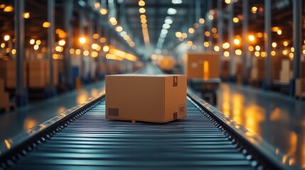 Poster - cardboard box on conveyor belt in distribution center with warm glow of lights in background, showca