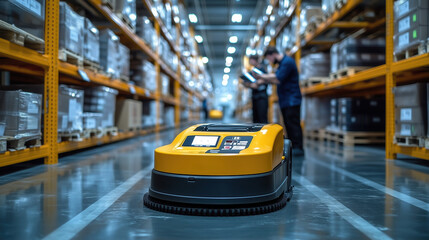 Poster - autonomous delivery robot navigating through a modern warehouse filled with shelves of merchandise a