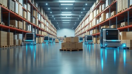 Poster - Modern warehouse with automated robots navigating through shelves stacked with cardboard boxes in a spacious distribution center