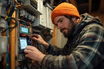 Poster - Electrician working on control panel with digital display
