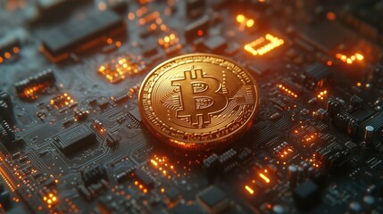 Poster - Golden Bitcoin Coin on Electronic Circuit Board with Glowing Lights Representing Blockchain Technology and Cryptocurrency Trends