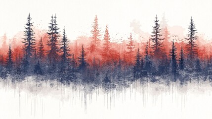 Wall Mural - Red and blue forest watercolor, nature banner, tranquil background