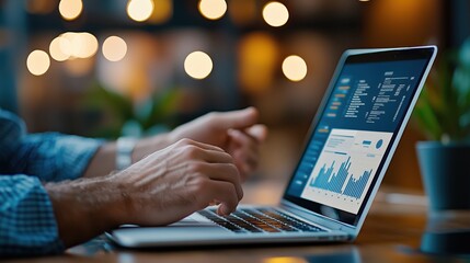 Poster - Close-Up of Hands Typing on Laptop with Financial Data and Charts in Soft Focus Background of Cozy Indoor Setting