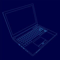 Fototapete - A laptop is shown in a blue color. The laptop is open and the keyboard is visible.