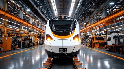 Poster - modern train in advanced manufacturing facility with bright lights and high-tech equipment displayin