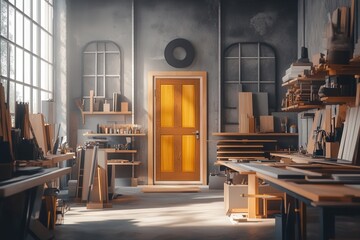 Poster - industrial workshop scene with a team assembling custom home doors, surrounded by precision tools and materials