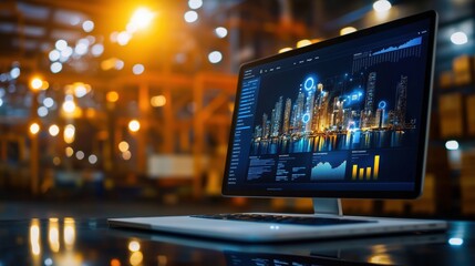 Fototapete - Modern Computer Screen Displaying Urban Data Visualizations in a Warehouse with Blurred Background and Warm Light Effects