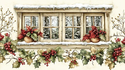 Poster - Snowy window winter scene, holiday card design