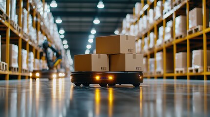 Poster - Advanced Autonomous Robots Transporting Cardboard Boxes in an Efficient Warehouse Environment with Organized Shelves and Modern Technology