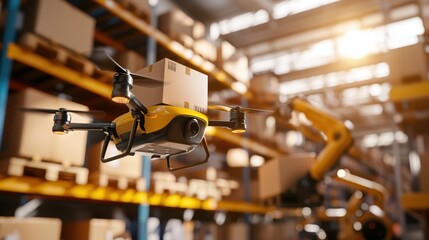 Poster - Drone Delivering Package in Warehouse Setting with Automated System and Ambient Light for E-Commerce Solutions and Logistics Innovation