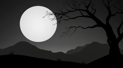 Wall Mural - silhouetted tree against a large moon illuminating a serene night landscape with distant hill