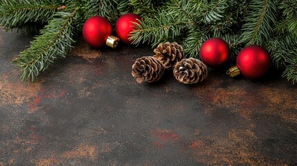 Wall Mural - Festive Christmas ornaments, pine cones, branches on rustic background; holiday greeting card