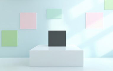 Poster - minimalist display showcasing a black cube on a white podium, surrounded by pastel-colored squares o