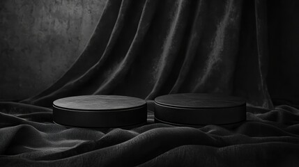 Poster - minimalist composition of two black circular platforms on a textured dark fabric background, enhanci