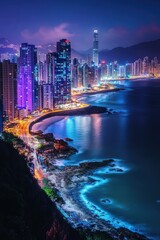Poster - coastal city, where the lights of the buildings and streets paint the skyline with a vibrant glow above the serene ocean