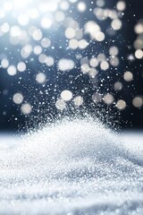 Poster - A close-up view of shimmering snow particles creating a magical winter atmosphere with soft bokeh lights in the background.