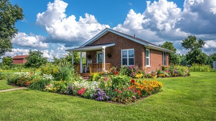 Charming brick house with gabled roof and lush green lawn