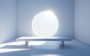 Poster - Minimalist interior featuring a circular window casting soft light onto a simple white table in a serene environment.