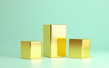 Poster - Shiny gold cubes arranged in increasing size create an elegant and modern aesthetic on a soft mint background.