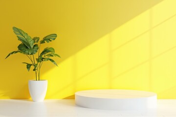 Poster - Bright room with yellow wall featuring a green plant in a white pot and a simple round pedestal, creating a vibrant atmosphere.