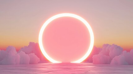 Poster - A serene sunset with a pink sun illuminating fluffy clouds, casting soft reflections on tranquil water.