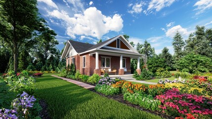 Brick house with gabled roof and vibrant garden