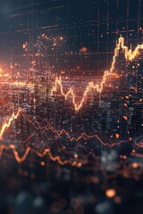 Poster - Abstract financial graph overlay on city skyline showcasing rising trends and dynamic data visualization.