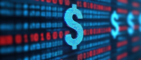 Poster - Digital currency backdrop featuring illuminated dollar signs amid binary code, symbolizing finance and technology advancements.