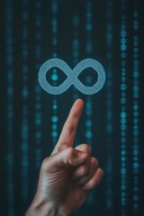Poster - A hand pointing at a glowing infinity symbol, representing limitless possibilities and endless opportunities in a digital world.