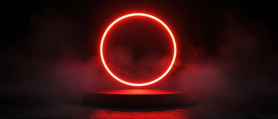 Poster - illuminated red circle on a platform, surrounded by mist, creating a mysterious and modern atmospher