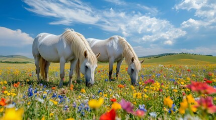 Wall Mural - two white horses grazing in a colorful flower field under a blue sky