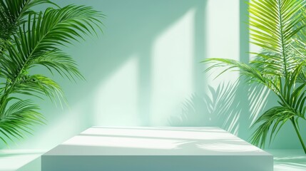Poster - A serene indoor space featuring green leaves and soft shadows, perfect for showcasing minimalist design and natural beauty.