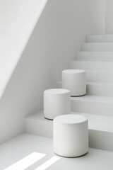 Poster - Minimalist staircase featuring three white cylindrical stools, emphasizing clean lines and contemporary design aesthetic.